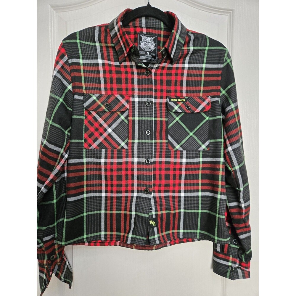 Rebel Reaper Shirt Womens SMALL Red Green Button Flannel Holiday Biker